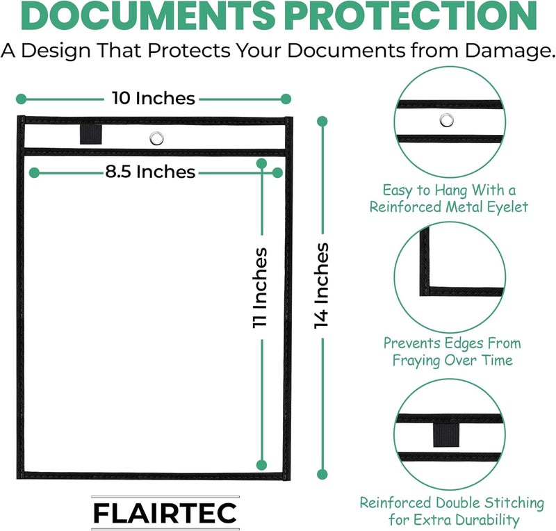 FLAIRTEC 30-Pack Dry Erase Pockets – 10x14 Heavy Duty Sleeves with Cloth Binding – Fits 8.5x11 or 9x12 Worksheets – Includes 3 Rings and 2 Hooks – Classroom and Office Use - Image 2